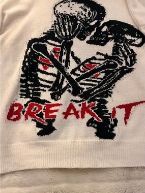 White Graphic 'BREAK IT' Skeleton Sweater with Red & Black Accents